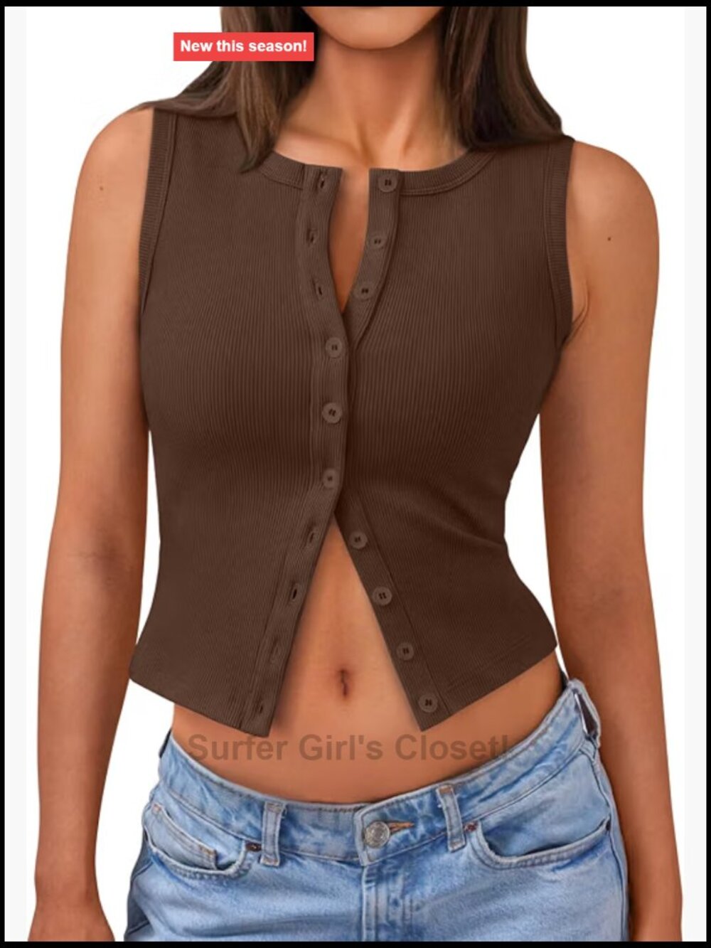 Ribbed Button Down Crop Tank Top Sleeveless Vest Women's Going Out